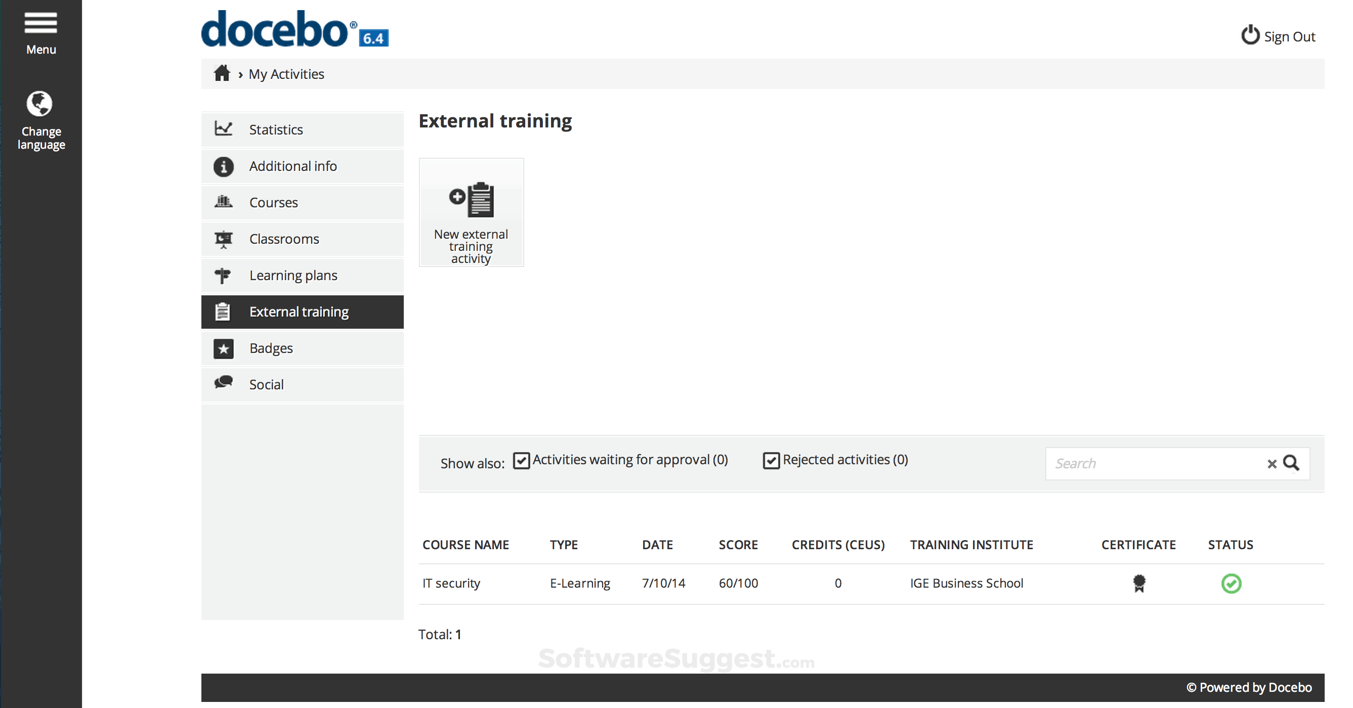 Activity org. Docebo sharing badges. Survey course UI. Docebo shared badge.